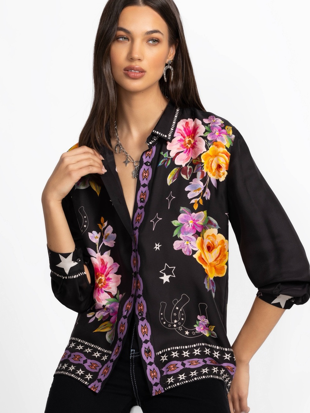 Johnny Was $280 Rosalynda Black Floral Button-Up Western Shirt Sz L - Like New - Picture 7 of 14